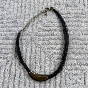Chicos Multi Strand Cord Necklace Black Bronze Curved Bar Statement Boho Artsy
